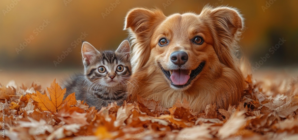 Adorable Kitten and Dog in Autumn Leaves