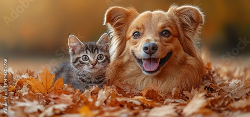 Obraz na płótnie Adorable Kitten and Dog in Autumn Leaves w salonie