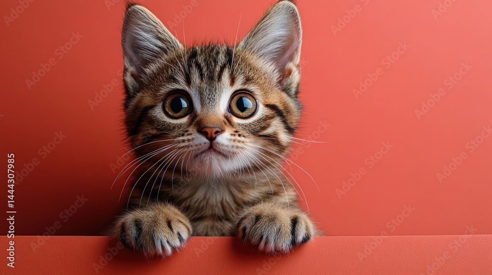 Adorable Kitten Peeking from Behind a Coral Background