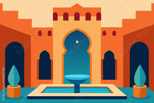Serene Oasis A Vibrant Illustration of Moorish Architecture and Tranquil Courtyard Design