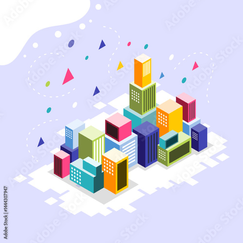 3D isometric urban city illustration featuring modern buildings, data analytics, and abstract digital elements