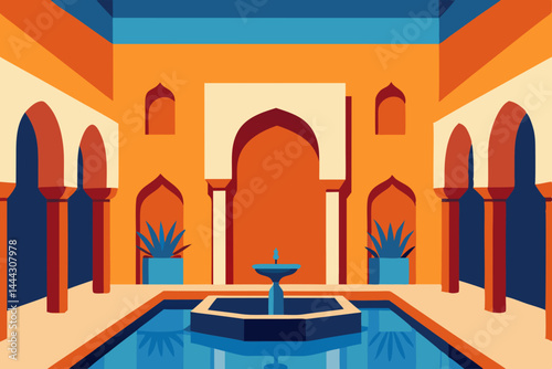 Serene Courtyard A Vibrant Illustration of Moorish Architecture and Tranquil Design