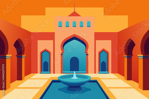 Serene Arabian Courtyard Architectural Design Illustration of a Tranquil Oasis