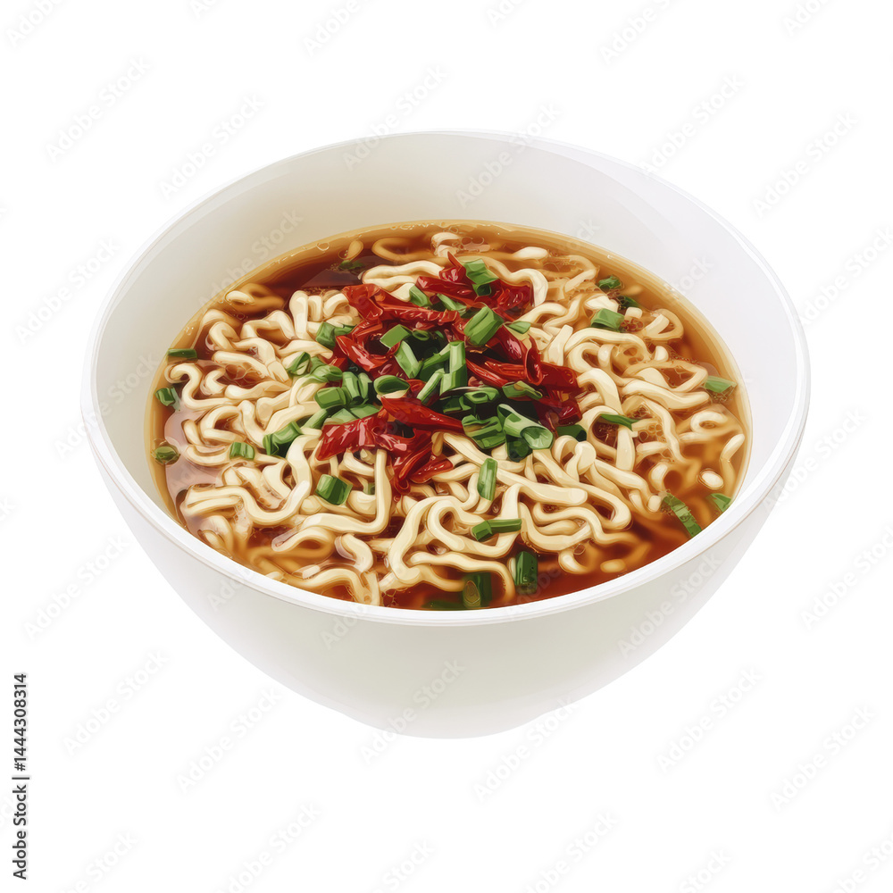 Delicious hot bowl of instant ramen noodles with fresh green onions and spicy red chili flakes in clear broth served in a white ceramic bowl on a plain background Delicious hot bowl of instant ramen noodles with fresh green onions and spicy red chili flakes in clear broth served in a white ceramic bowl on a plain background