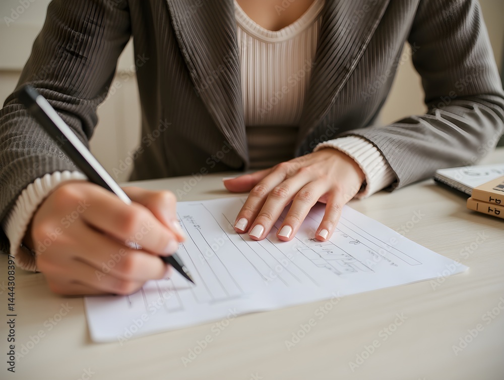 Fototapeta premium A woman writing on a piece of paper
