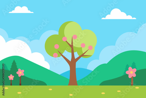 Serene Spring Landscape Blossoming Tree and Rolling Hills Illustration