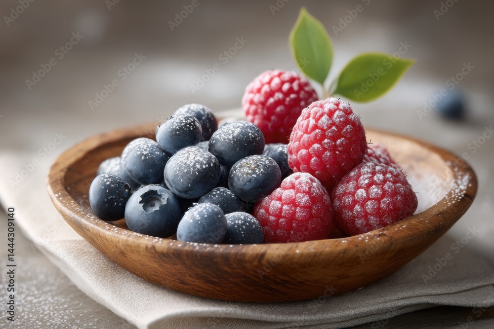 fresh blueberries and raspberries dusted with powdered sugar, rustic wooden plate fresh blueberries and raspberries dusted with powdered sugar, rustic wooden plate