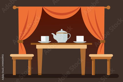 Cozy Tea Time A Serene Table Setting with Curtains and Teapot