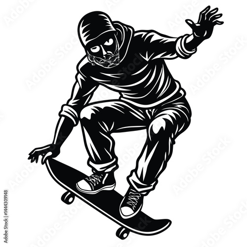 Dynamic Skateboarder Illustration Black and White Action Pose