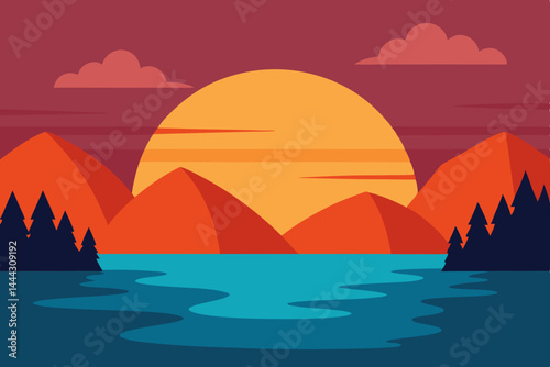 Serene Sunset Landscape Mountains, Lake, and a Vibrant Sky
