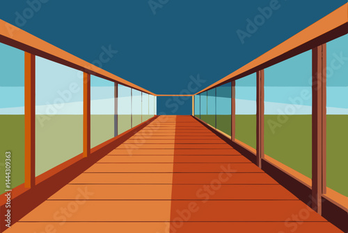 Elevated Wooden Walkway A Perspective of Glass and Tranquility