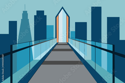 Futuristic Cityscape Glass Bridge to Modern Architecture