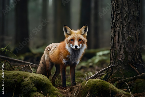 Enchanting Red Fox Portrait Amidst Verdant Forest A Captivating Glimpse into Wildlife Serenity in a Lush Woodland Setting with Mossy Trees and Ferns
