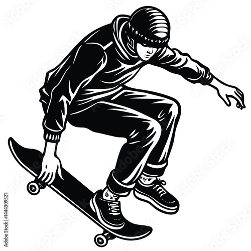 Skateboarding Illustration Black and White Graphic Design of a Skater in Action