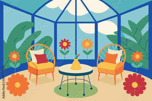 Sunroom Oasis Serene Garden Escape with Blooming Flowers and Comfortable Seating