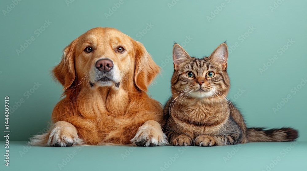 Golden Retriever and Tabby Cat Studio Portrait: A heartwarming image of a loyal dog and a curious cat, captured in a serene studio setting.