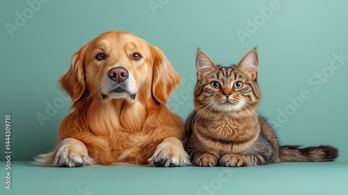 Obraz na płótnie Golden Retriever and Tabby Cat Studio Portrait: A heartwarming image of a loyal dog and a curious cat, captured in a serene studio setting. w salonie