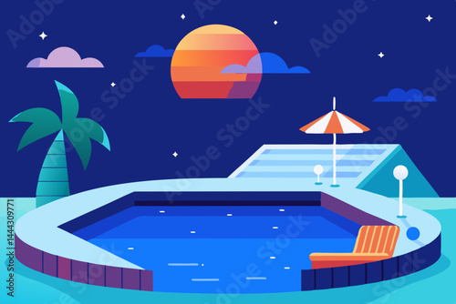 Nighttime Poolside Paradise Relaxing Getaway Illustration