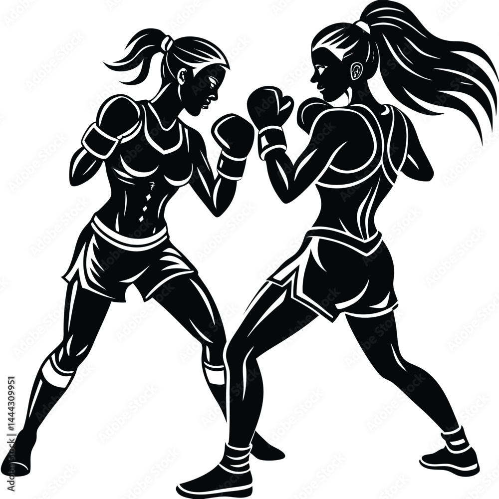Fototapeta premium Powerful Women Boxers Silhouette Illustration of Female Boxing Match