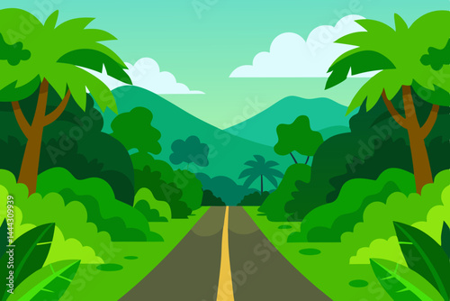 Serene Tropical Road Lush Greenery, Palm Trees, and Mountain Views
