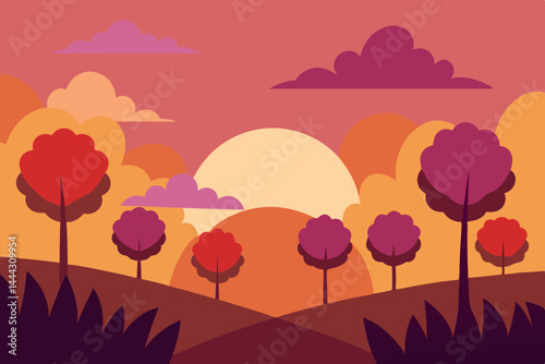Sunset Landscape Serene Hilltop View with Colorful Trees and Clouds