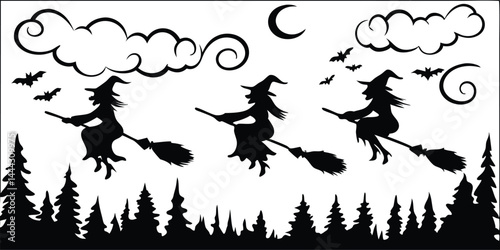 Adobe IllustratWitches Flying Across a Moonlit Sky on Broomsticks with Swirling Clouds and Haunted Forest - Halloween Vector Illustrationor Artwork