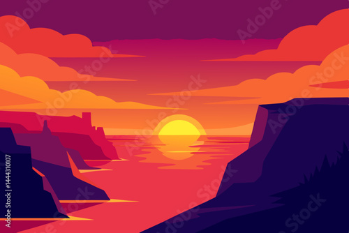 Vibrant Sunset Landscape Cliffs, Ocean, and Golden Sun