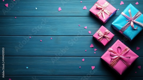 Festive Gift Boxes on Dark Wooden Background with Confetti Hearts