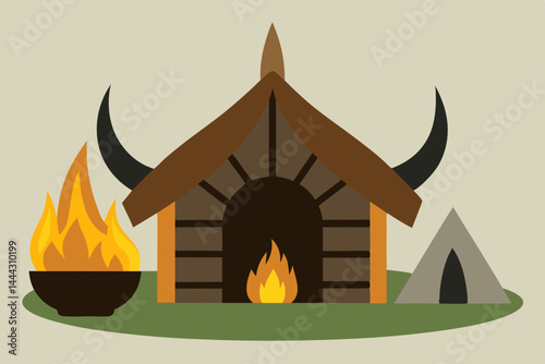 Ancient Tribal Hut with Fire A Primitive Shelter Illustration photo