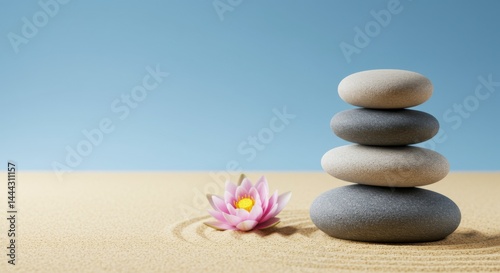 Zen garden serenity stacked stones and lotus flower tranquil beach setting natural beauty minimalist viewpoint mindfulness concept