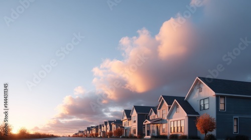 serene suburban street with row of charming houses and well-kept lawns bathed in soft morning light