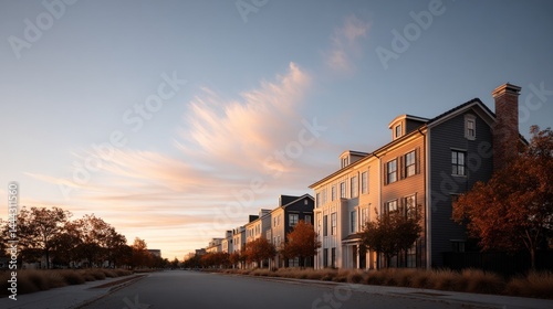 serene suburban street with row of charming houses and well-kept lawns bathed in soft morning light