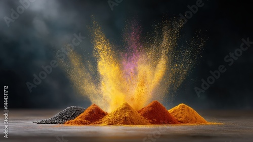 Fototapeta Naklejka Na Ścianę i Meble -  Explosion of colorful spices - turmeric, black pepper, paprika - suspended mid-air against dark background