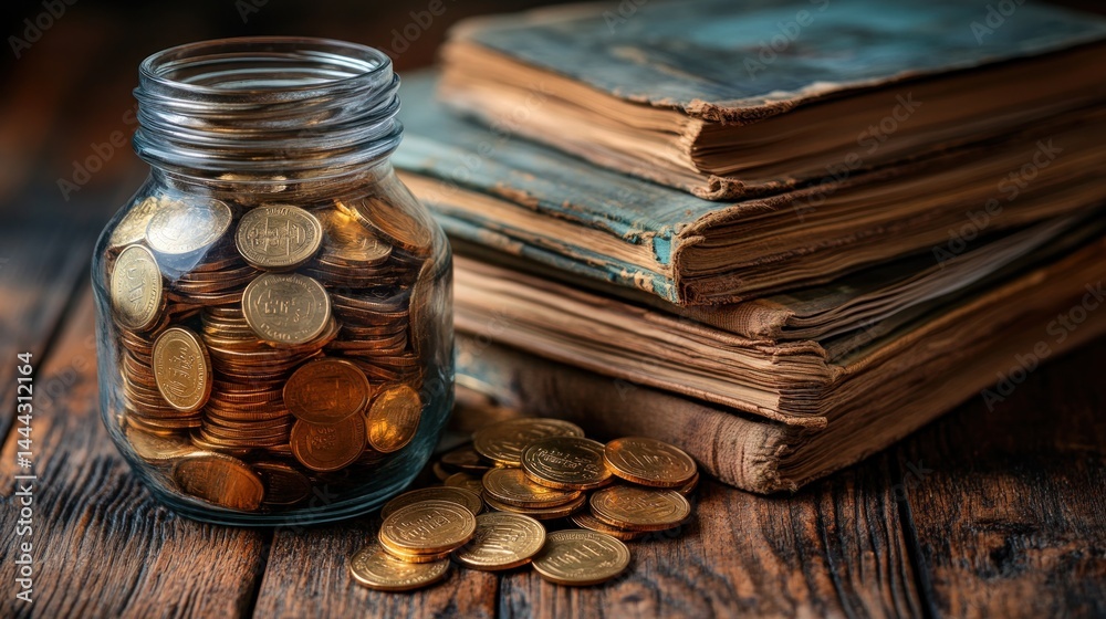 Antique Books and a Jar of Coins: A Still Life of Knowledge and Wealth