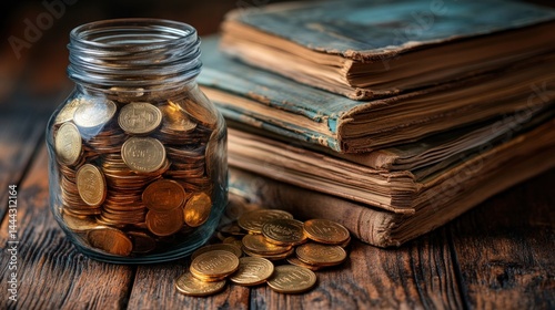 Obraz na płótnie Antique Books and a Jar of Coins: A Still Life of Knowledge and Wealth w salonie