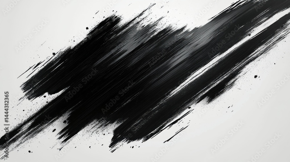 Abstract Black Ink Brushstrokes on White Background: A Dynamic Composition