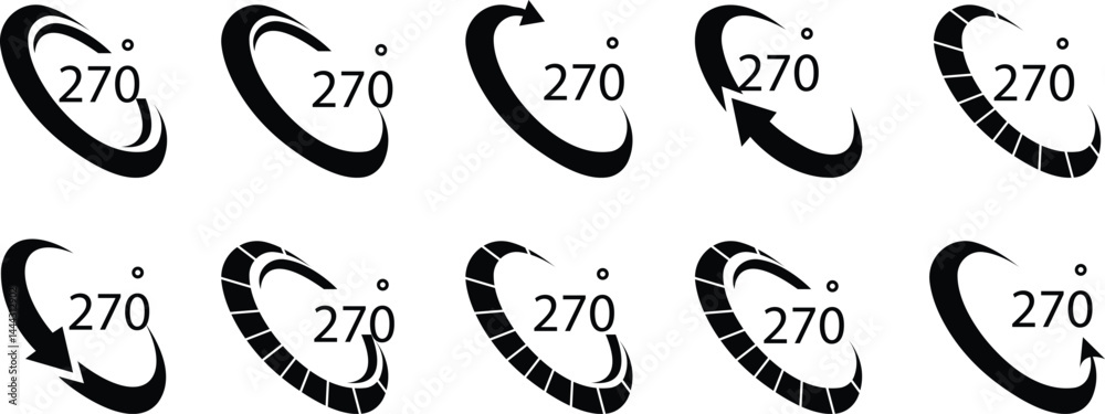 Obraz premium Angle 270 degrees icon set Rotation Degree icons Flat vector, geometric mathematical angle radian of 270 rotation arrow symbol, isolated on transparent background, used for mobile app, web page or ui