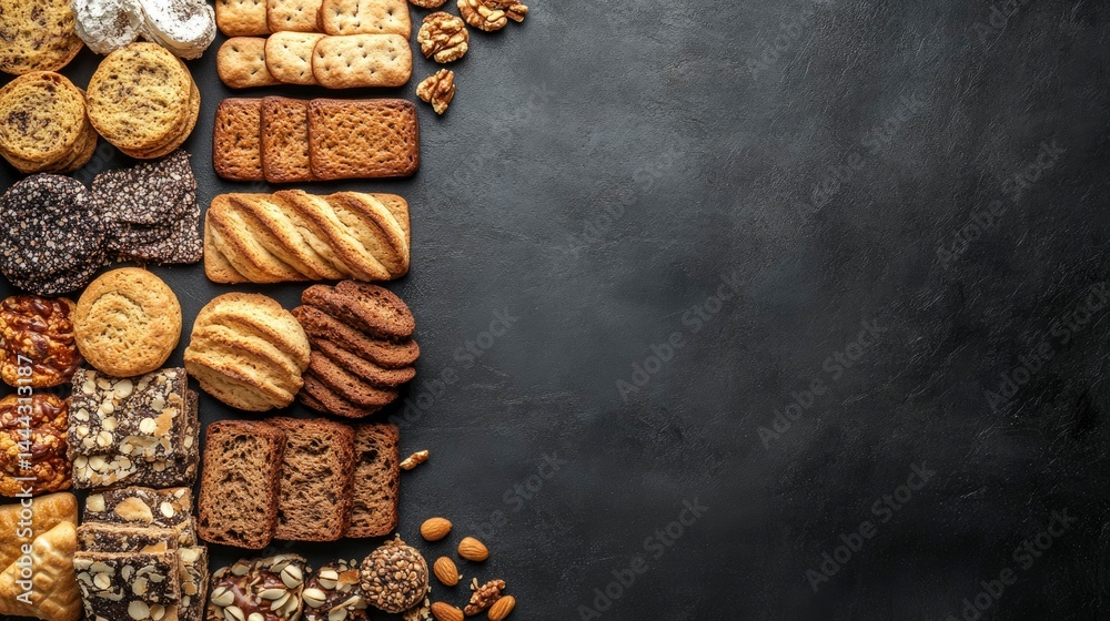 Assortment of Delicious Cookies and Sweets on Dark Background