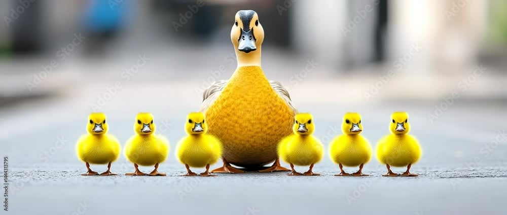 Duck Family in a Row: A charming depiction of a mother duck with her ducklings in a row, showcasing the essence of nurturing and familial bond.