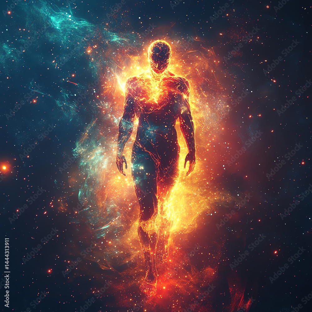 Fototapeta premium Fiery Human Figure in Cosmic Nebula Space Art