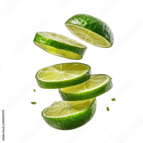 Fresh sliced desert lime fruit flying in air, showcasing vibrant green color and juicy texture against clean transparency background, creating refreshing and lively visual appeal