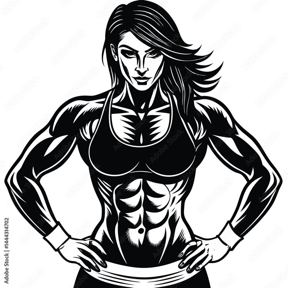 Fototapeta premium Strong Female Athlete Powerful Black and White Illustration