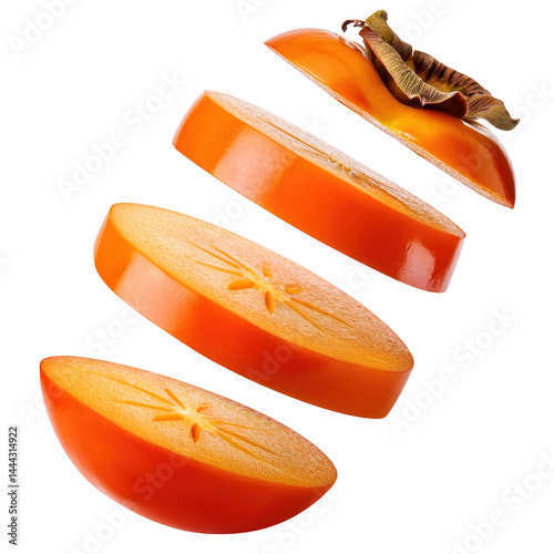 Sliced persimmon fruit flying in air against clean transparency background, showcasing its vibrant orange color and smooth texture, creating visually appealing and fresh look