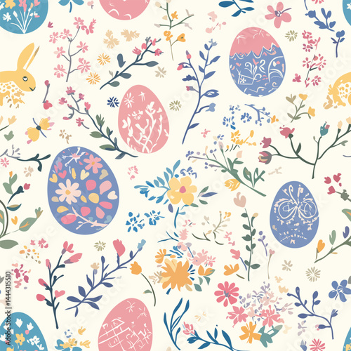 Seamless Easter pattern with pastel-colored eggs, bunnies, and spring flowers. Ideal for holiday designs, greeting cards, and festive decorations.
