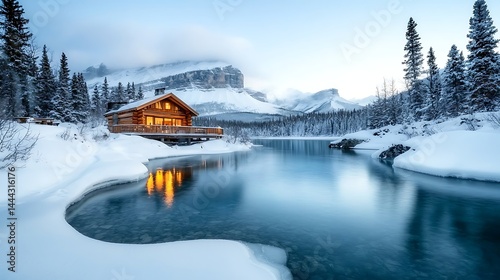 Wallpaper Mural Cozy winter cabin by a serene lake, snow-covered landscape Torontodigital.ca
