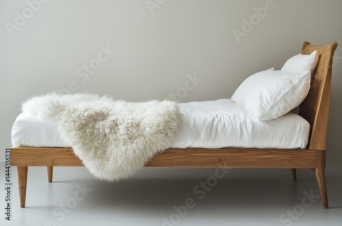 Contemporary wooden single bed with fluffy white bedding,