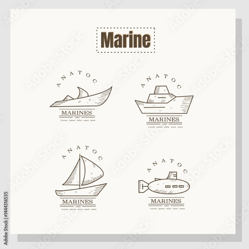 Marine Hand-Drawn Logo Set with Boats, Ships, and Sea Icons