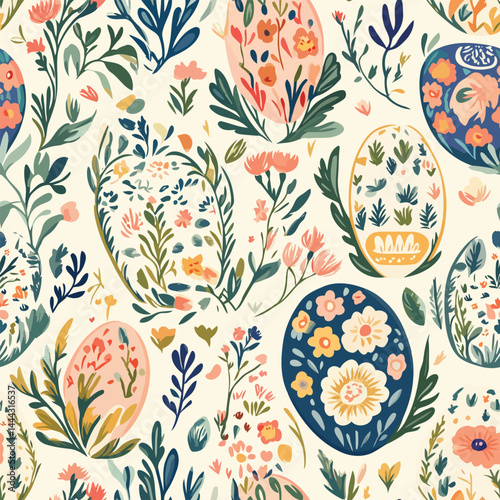 Seamless Easter pattern with pastel-colored eggs, bunnies, and spring flowers. Ideal for holiday designs, greeting cards, and festive decorations.