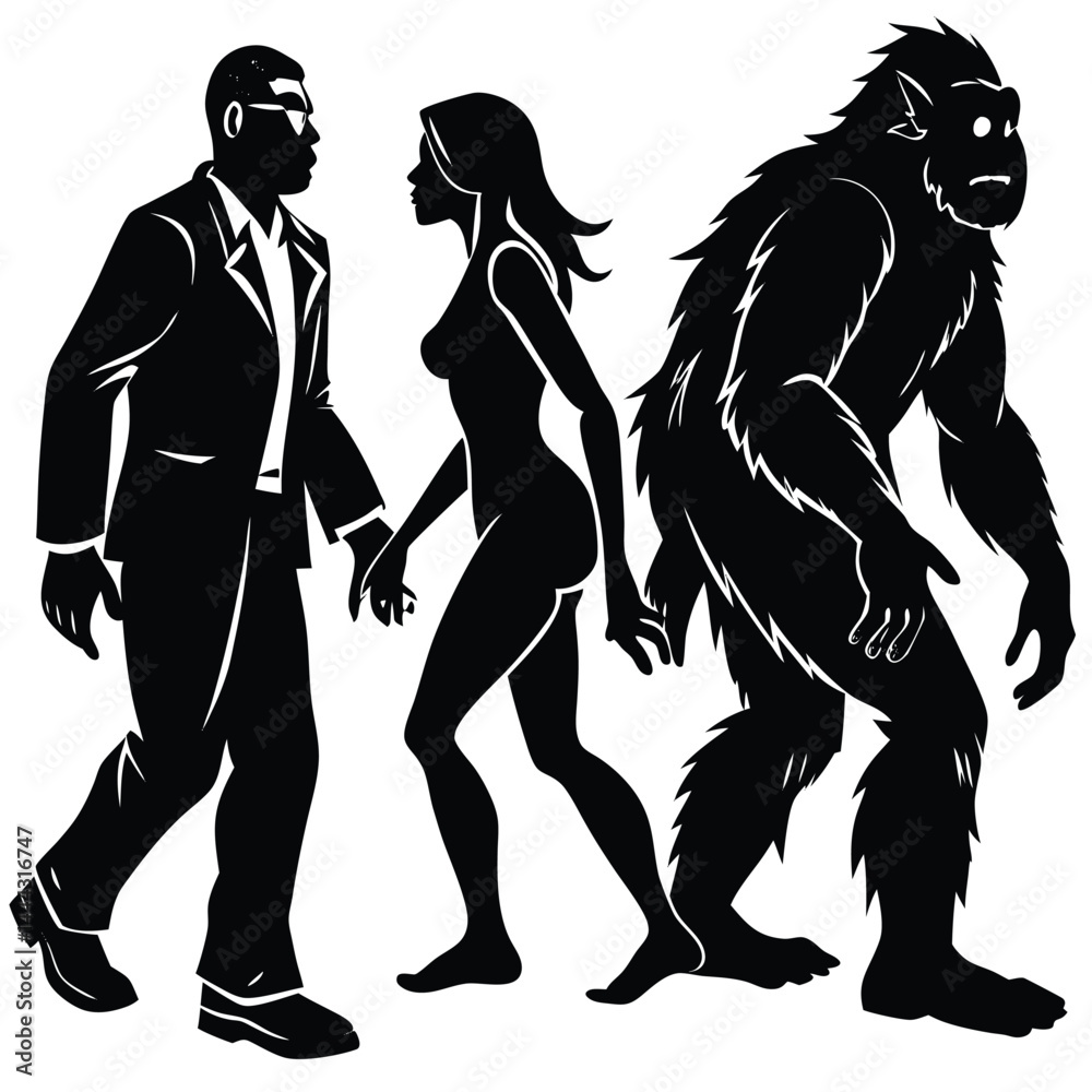Obraz premium Epic Bigfoot Silhouette Vector Collection Featuring Forest, Mountain, and Mythical Cryptid Scenes in Minimalist Black Style