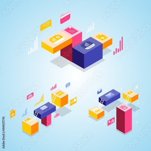 Colorful Isometric Business Data Bar Charts and Infographic Elements